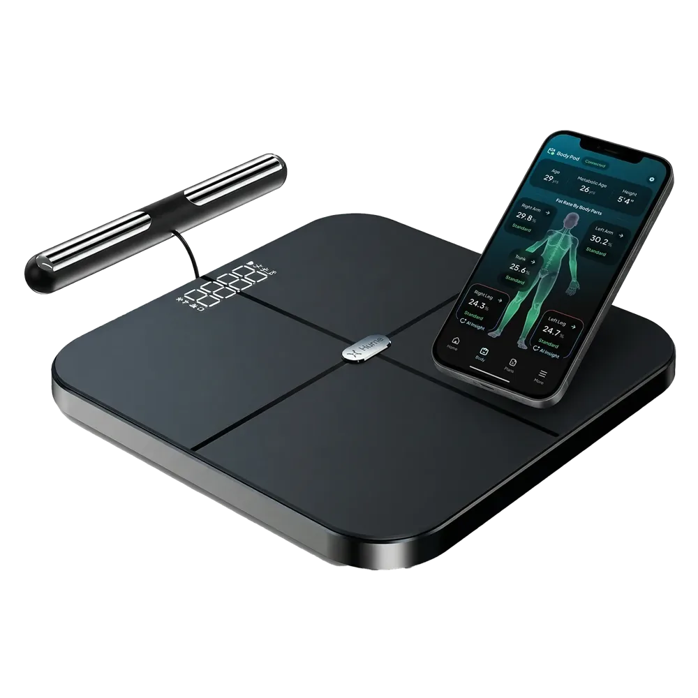 Hume Health Body Pod eight-electrode smart body composition scale with retractable handles, shown with the Hume app displaying segmental body fat by limb