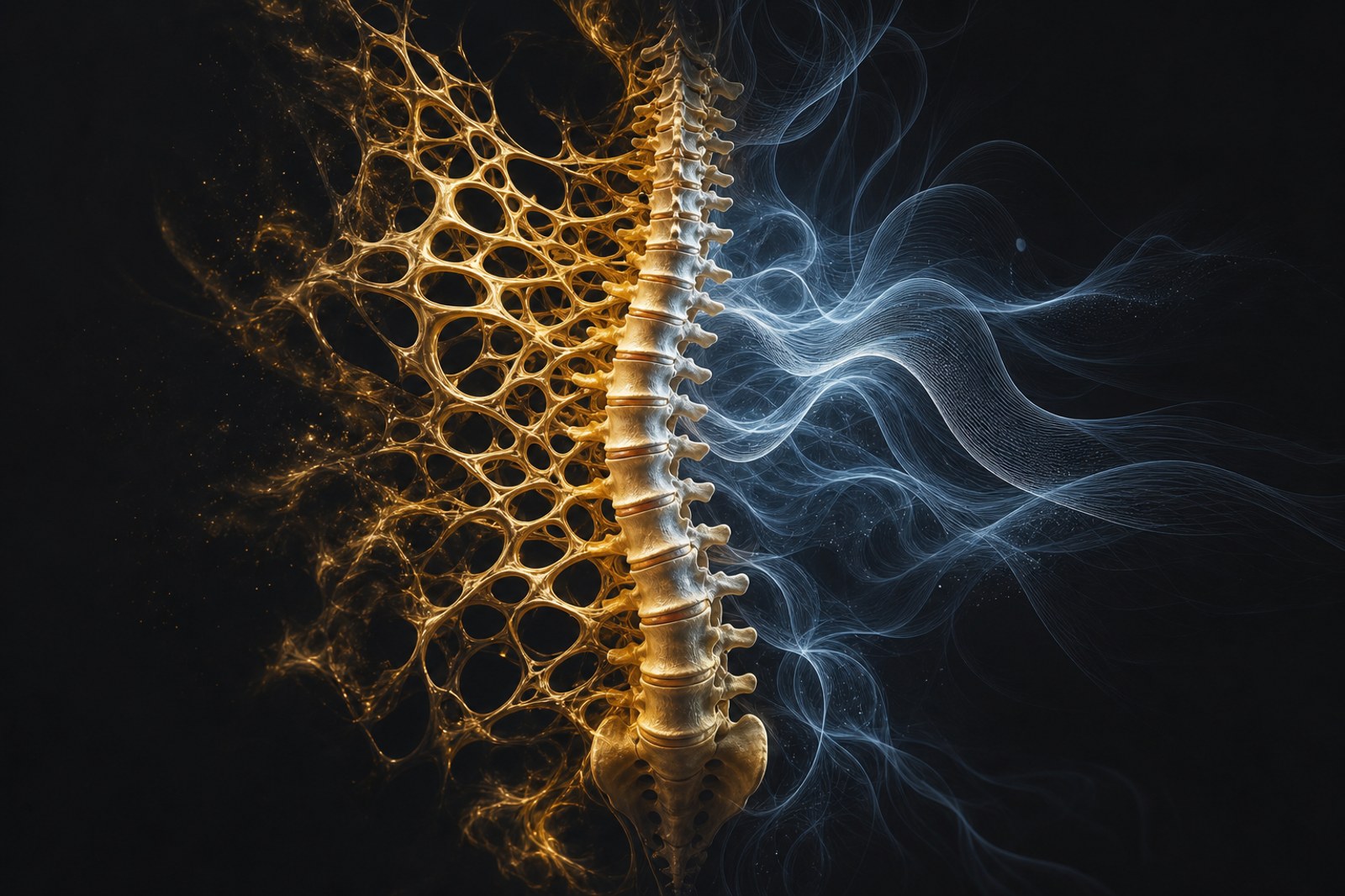 A spine shown with a gold trabecular bone lattice on one side and soft blue recovery waveforms on the other