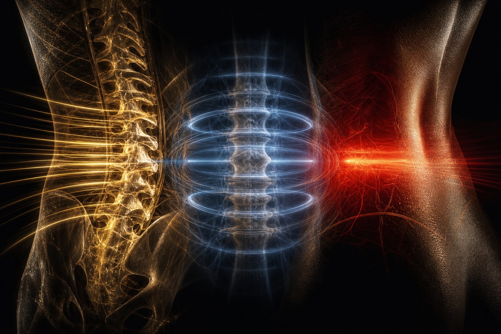 Three different physical energies acting on the lower back: mechanical loading through bone, an electromagnetic field through tissue, and red light near the surface