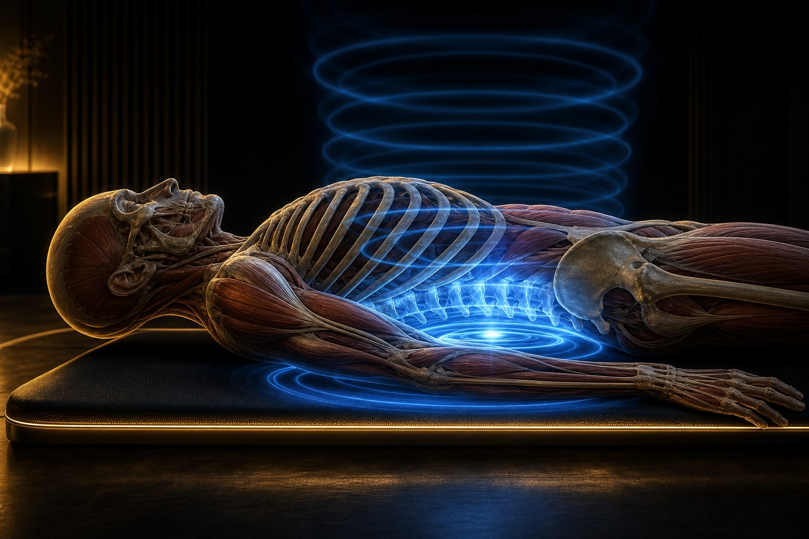 A flat PEMF therapy mat emitting concentric electromagnetic field rings that pass through the body above it