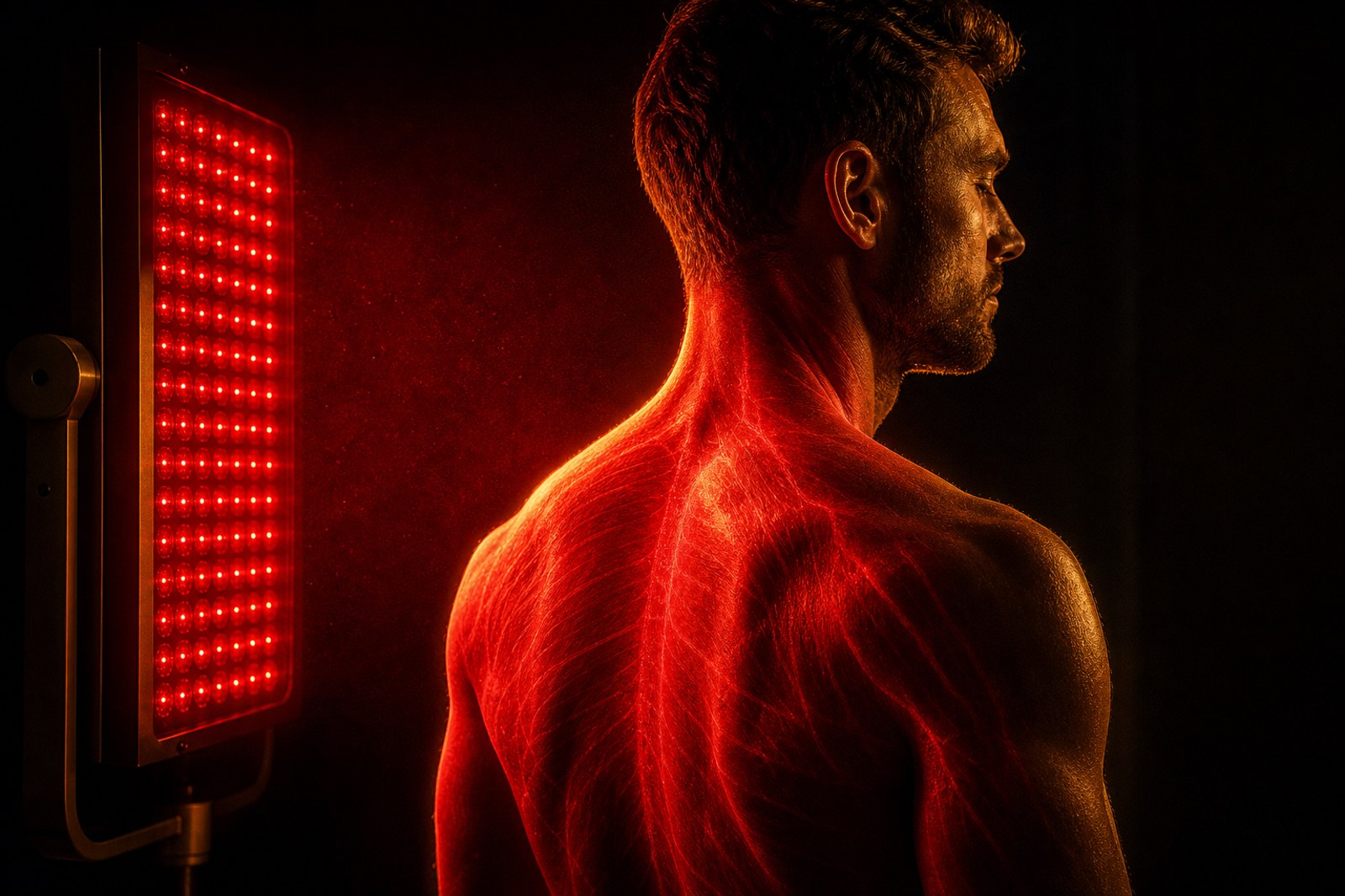 A red light therapy panel illuminating a back, the light blooming in the surface layers of skin and muscle