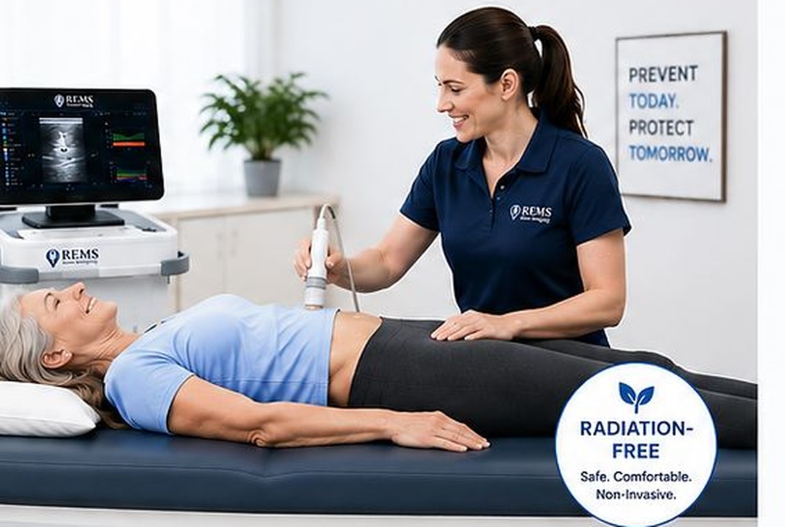 A technologist performing a radiation-free REMS bone density scan on the Echolight platform