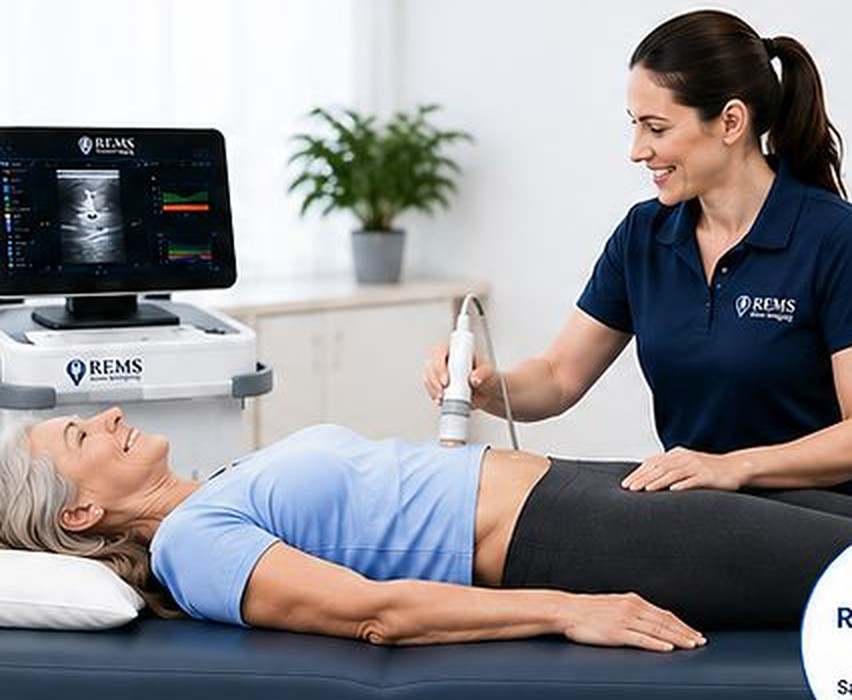 A technologist performing a radiation-free REMS bone density scan on the Echolight platform